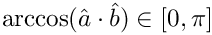 $ \arccos(\hat{a}\cdot\hat{b}) \in [0,\pi] $